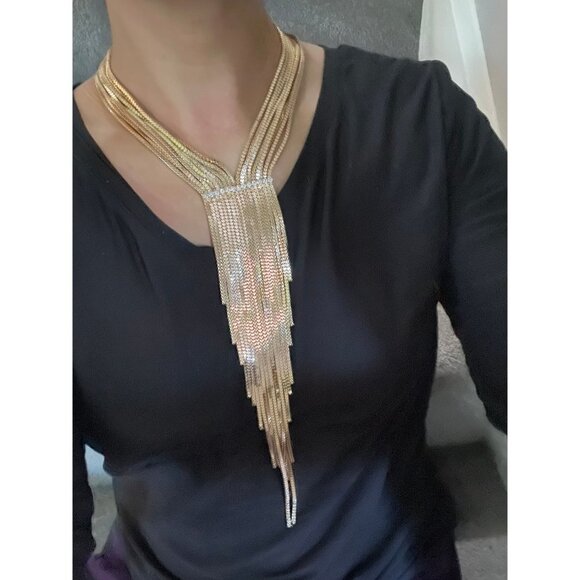 Long necklace gold set fringe bold chain bib tassel & earring statement - Picture 3 of 10
